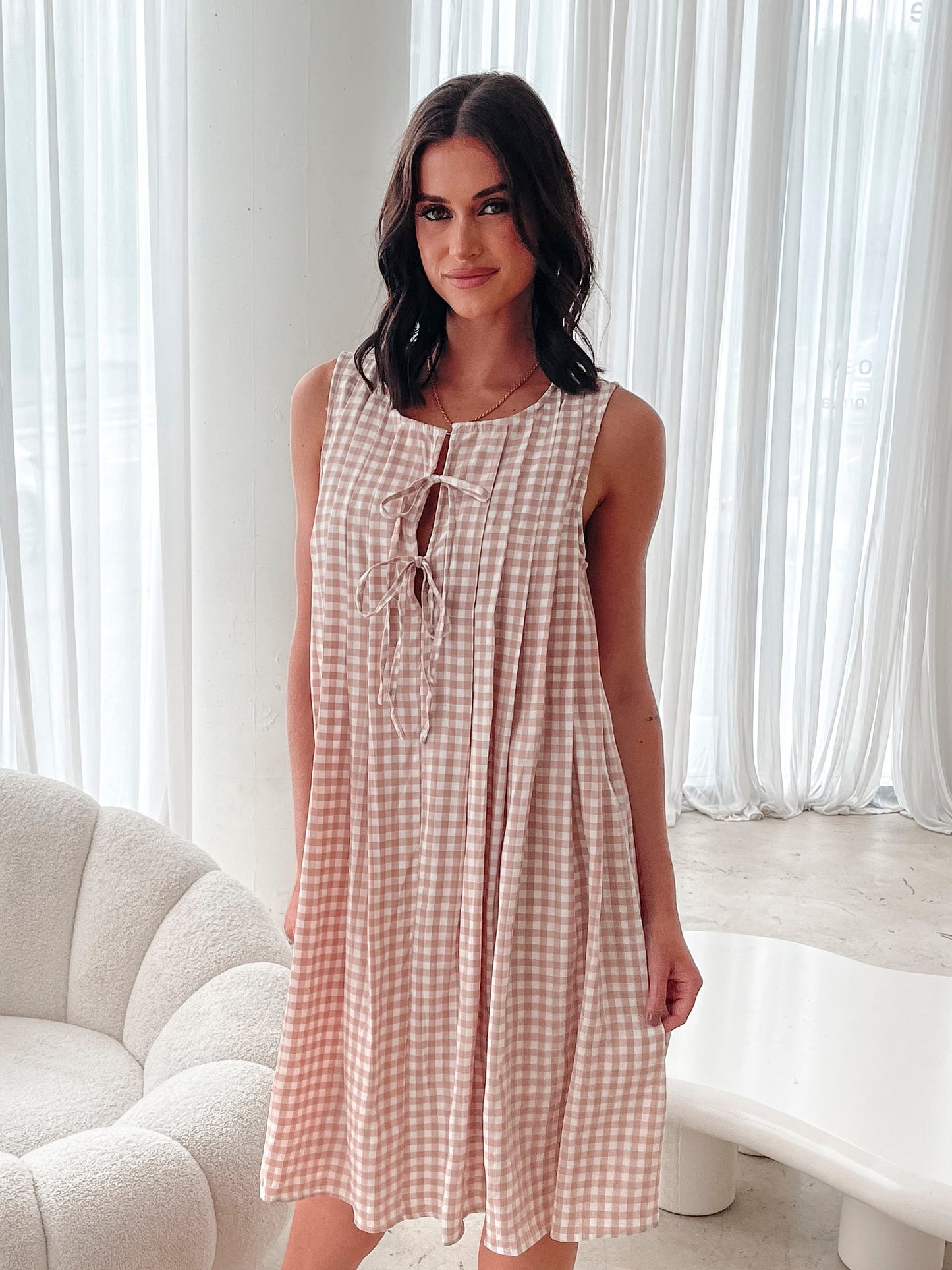 Kearah Beige Gingham Dress | Women's Gingham Midi Dress