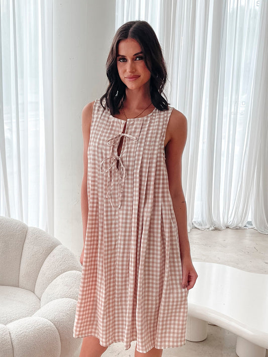Kearah Beige Gingham Dress | Women's Gingham Midi Dress