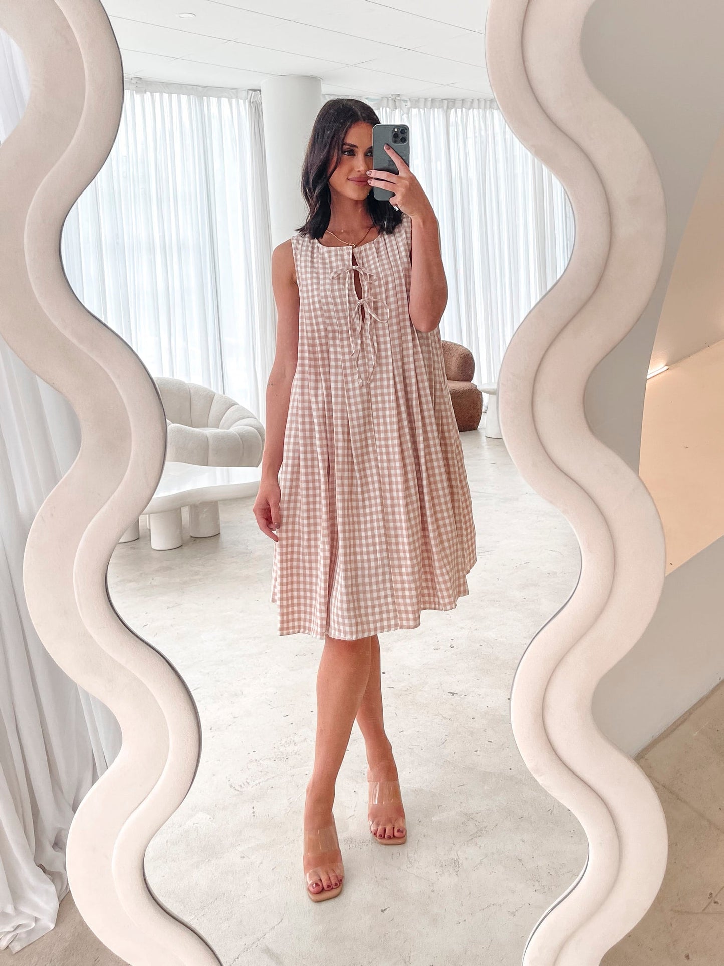 Kearah Beige Gingham Dress | Women's Gingham Midi Dress