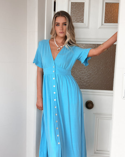 Korbela Dress Sky Blue | Women's Linen Midi Dress