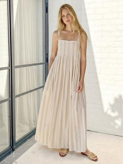 Rhiannon Dress Beige Stripe | Women's Striped Square Neck Maxi Dress