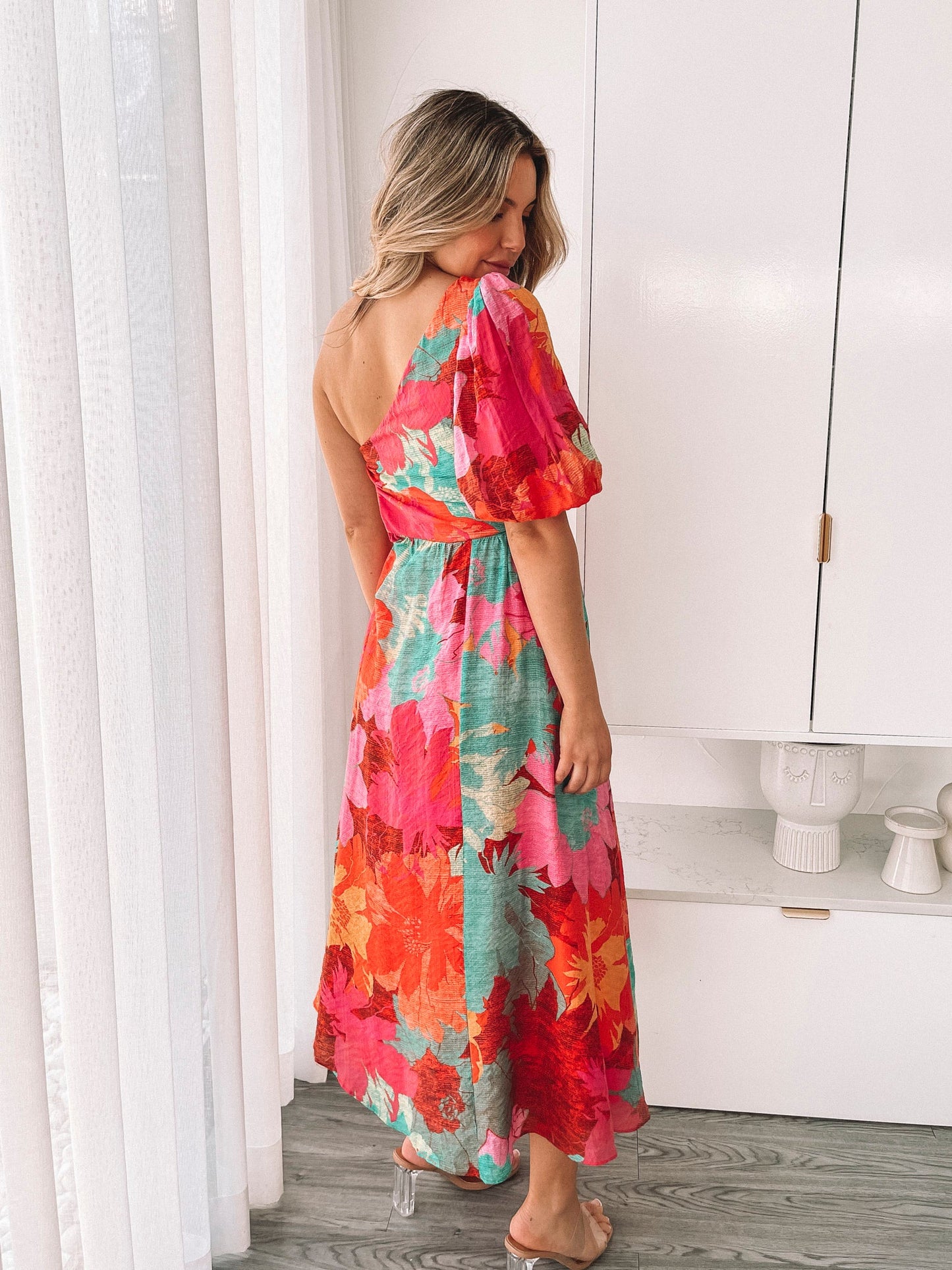 Lakelyn Pink Floral Dress | Women's One Shoulder Midi Dress