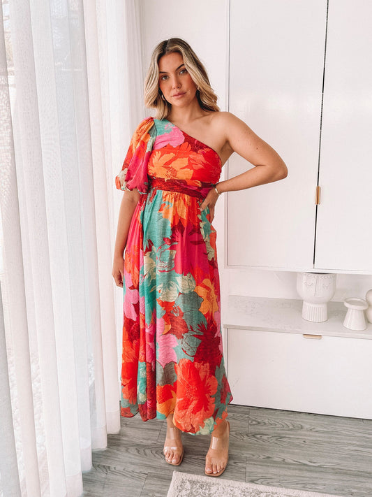 Lakelyn Pink Floral Dress | Women's One Shoulder Midi Dress