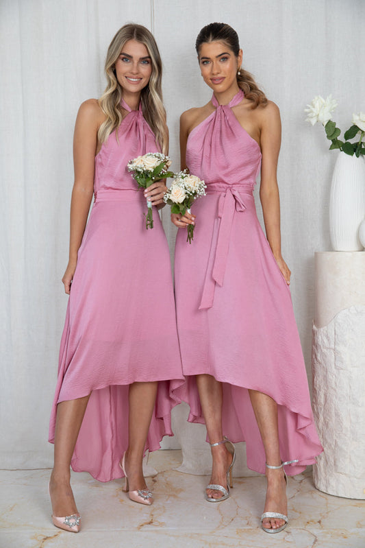 Luvinia Pink Dress | Women's Satin Halter Midi Dress