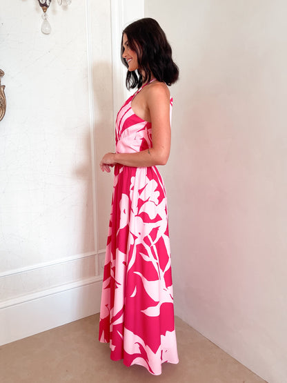 Nyra Red Floral Dress | Women's Halter Maxi Dress