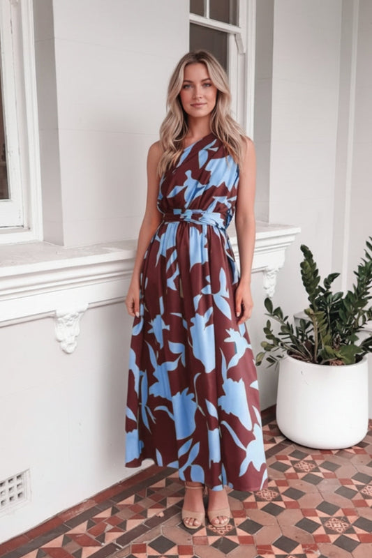 Rosey Dress Blue Floral | Women's Floral One Shoulder Maxi Dress