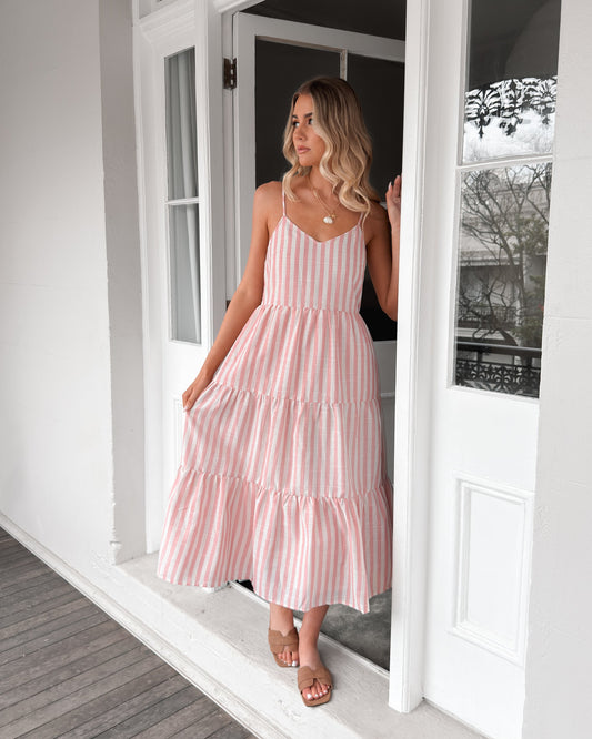 Sona Pink Stripe Dress | Women's Linen Midi Dress
