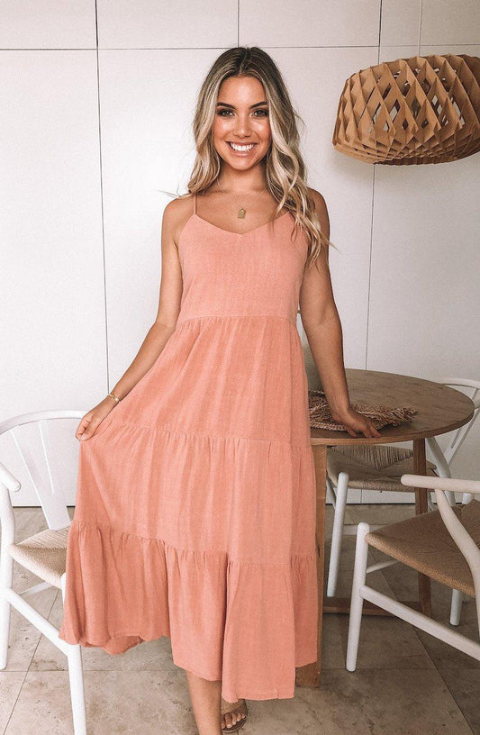 Sonya Rust Dress | Women's Tiered V Neck Midi Dress