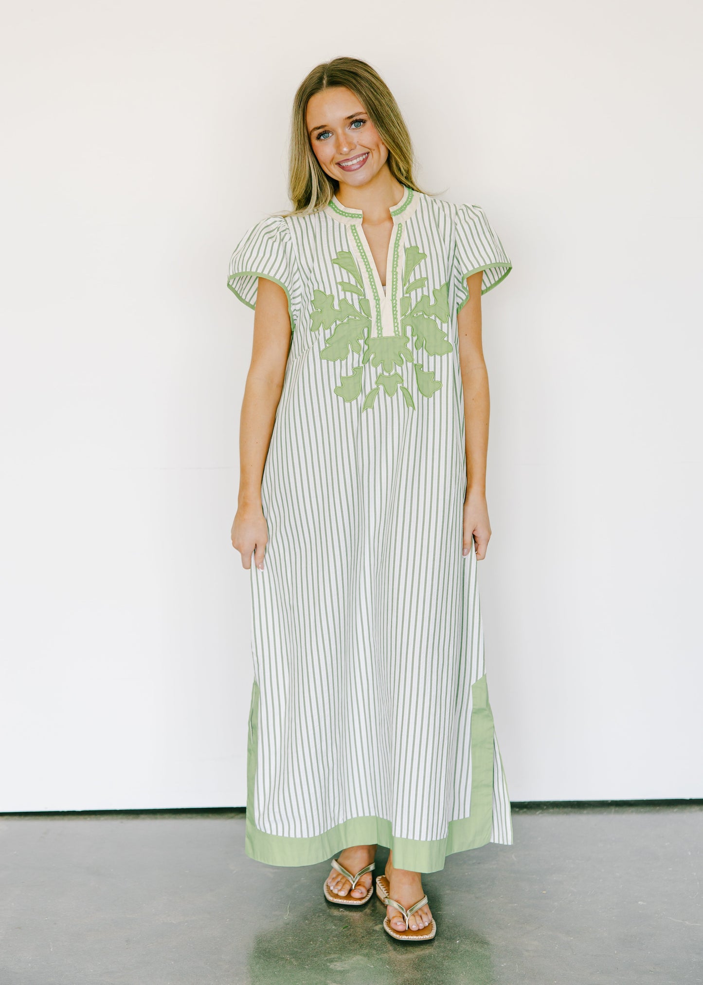 Elara Stripe Embroidered Midi Dress