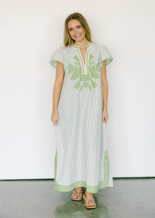 Elara Stripe Embroidered Midi Dress