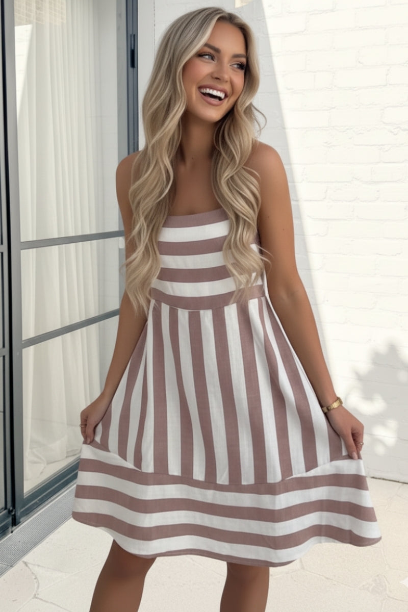 Sylvaine Tan Stripe Dress | Women's Striped Mini Dress