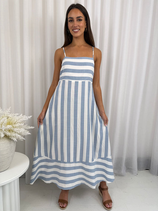 Teyana Blue Stripe Dress | Women's Striped Midi Dress