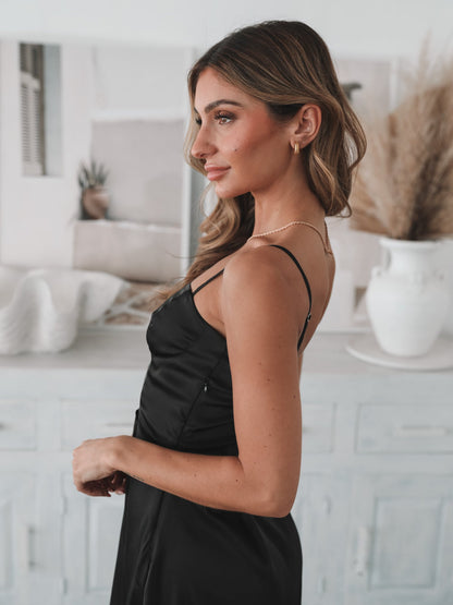 Tytania Dress - Black | Women's Satin Sweetheart Mini Dress