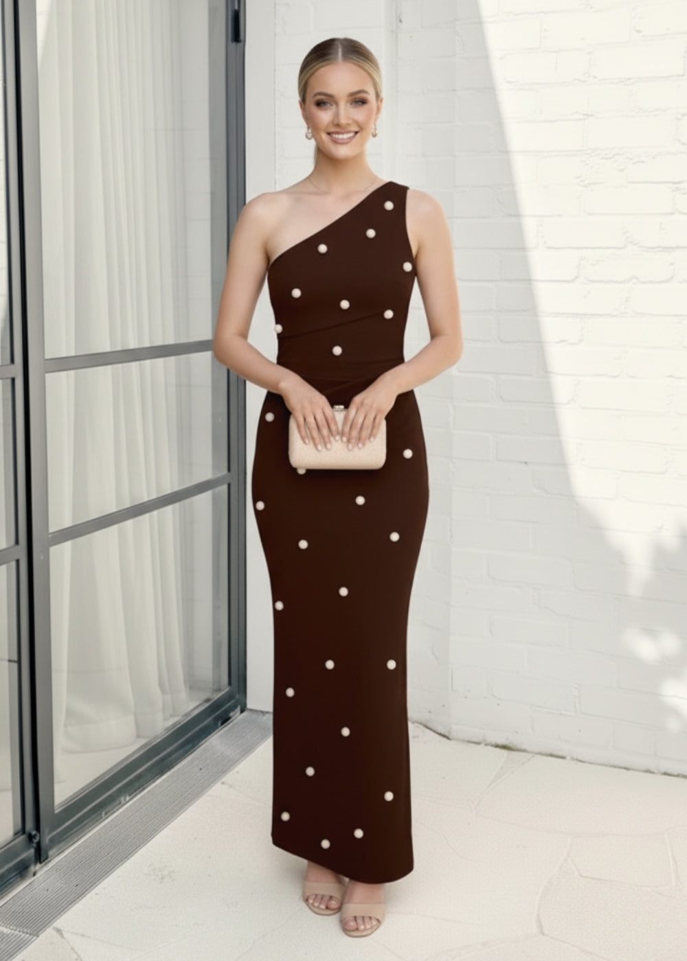 Velisse Dress Chocolate Spot | Women's Polka Dot One Shoulder Maxi Dress