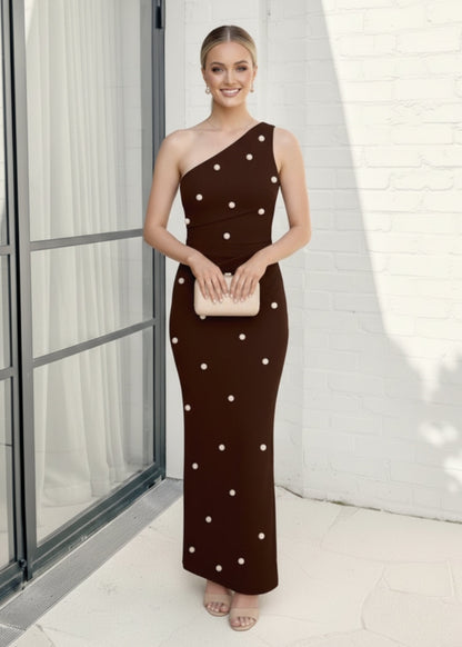 Velisse Dress Chocolate Spot | Women's Polka Dot One Shoulder Maxi Dress