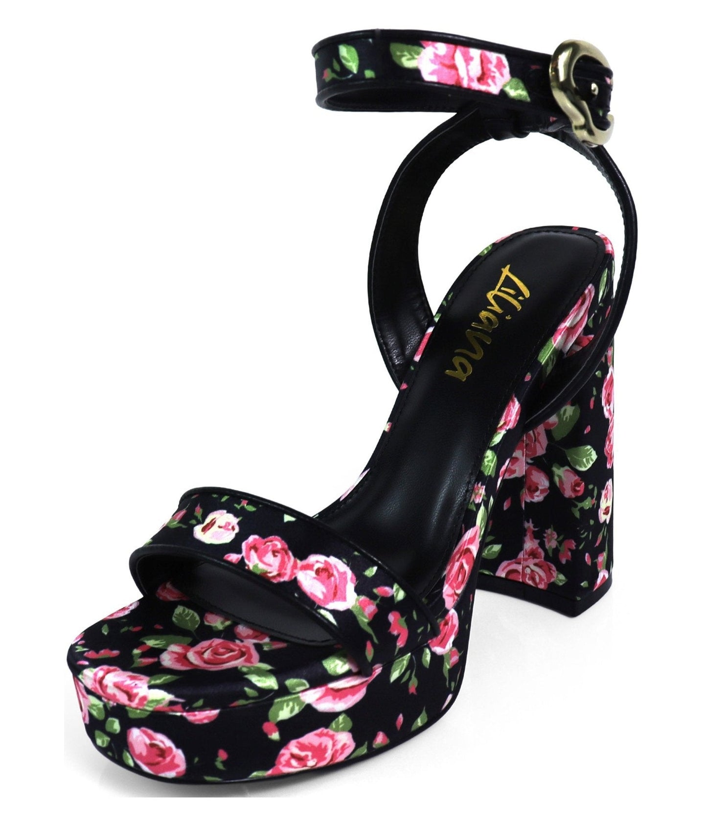 Black Floral Square Toe Platform Heels