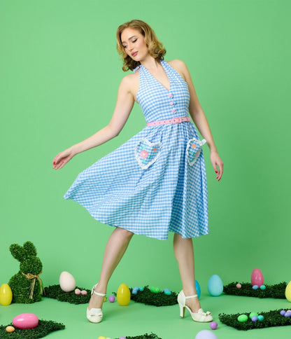 Disney Mickey & Friends Collection by Unique Vintage Blue Gingham Cotton Halter Swing Dress