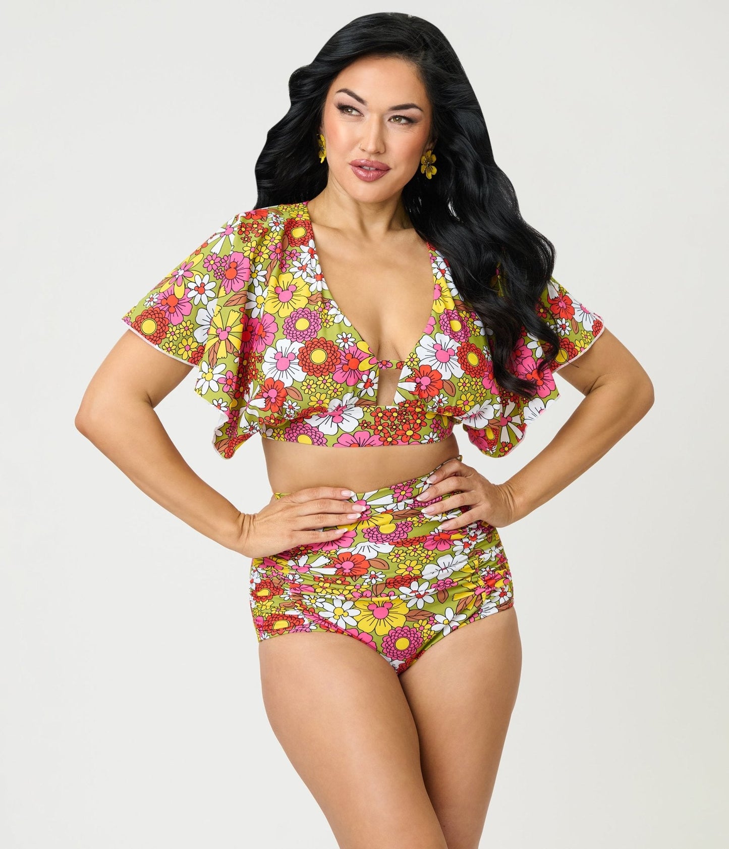 Disney Mickey & Friends Collection by Unique Vintage Mickey Floral Flutter Sleeve Swim Top