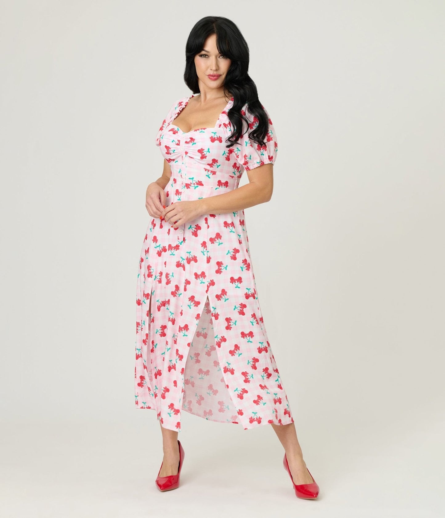 Disney Mickey & Friends Collection by Unique Vintage Pink & Minnie Cherries Midi Dress