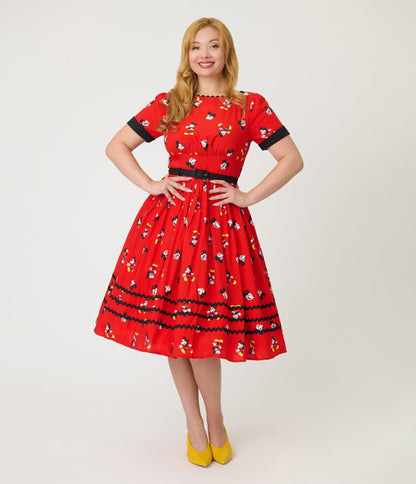 Disney Mickey & Friends Collection by Unique Vintage Red Mickey Print Swing Dress