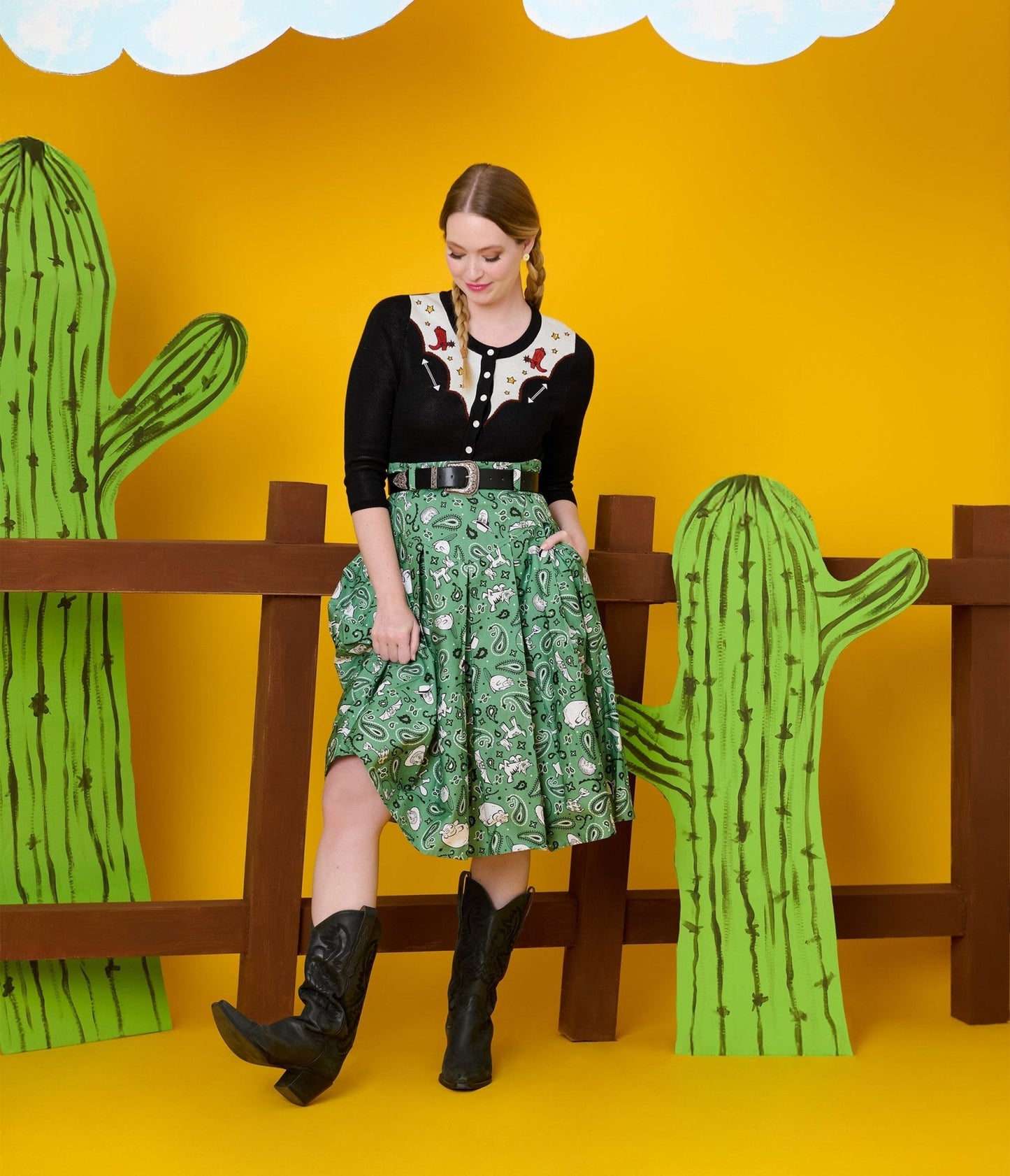 Disney Pixar Toy Story Collection by Unique Vintage Sage Green Woody & Jessie Bandana Print Midi Skirt