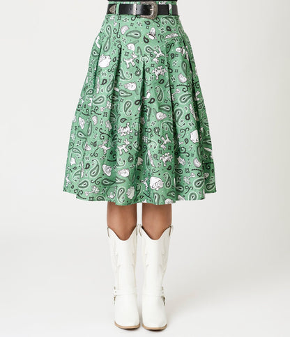 Disney Pixar Toy Story Collection by Unique Vintage Sage Green Woody & Jessie Bandana Print Midi Skirt
