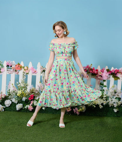 Disney Princess Collection by Unique Vintage Green Gingham Tiered Midi Skirt