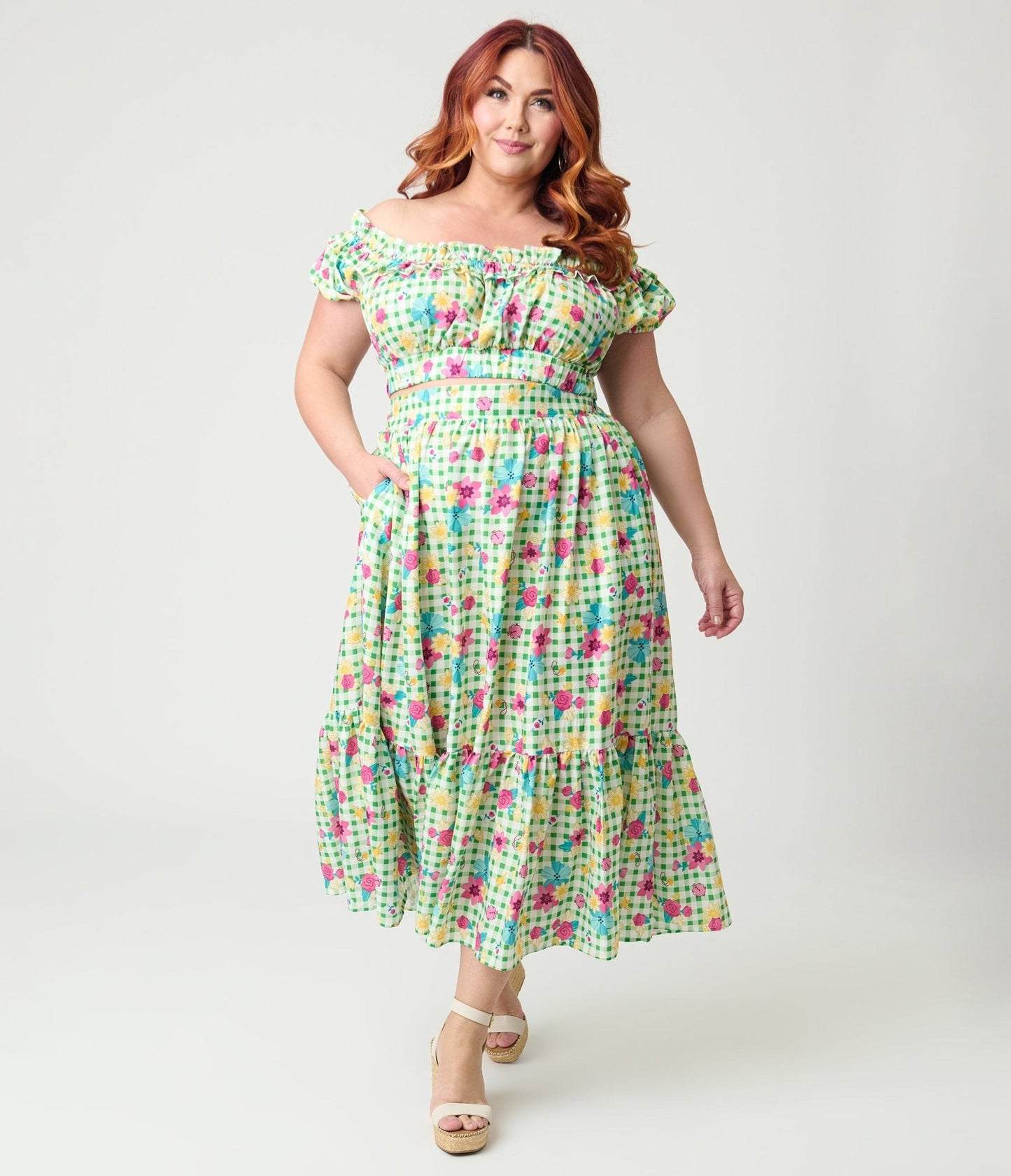 Disney Princess Collection by Unique Vintage Plus Size Green Gingham Ruffle Up Crop Top