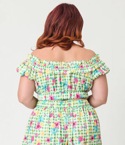 Disney Princess Collection by Unique Vintage Plus Size Green Gingham Ruffle Up Crop Top
