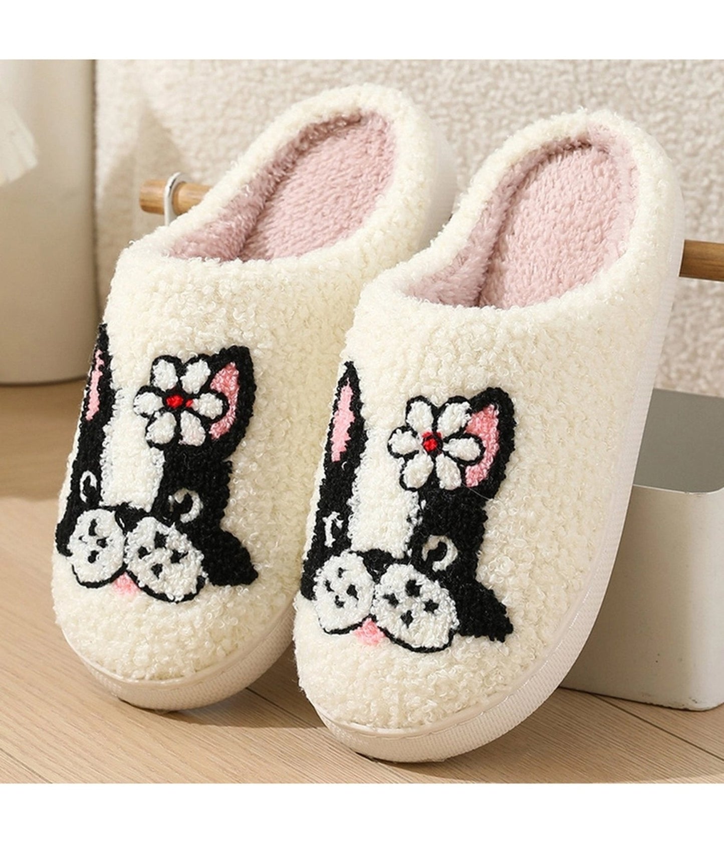 Dog & Flower Embroidered Cotton Slippers