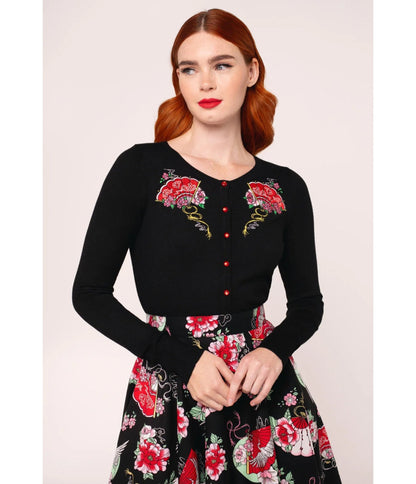 Hell Bunny Black Fan & Floral Embroidered Yuna Cardigan