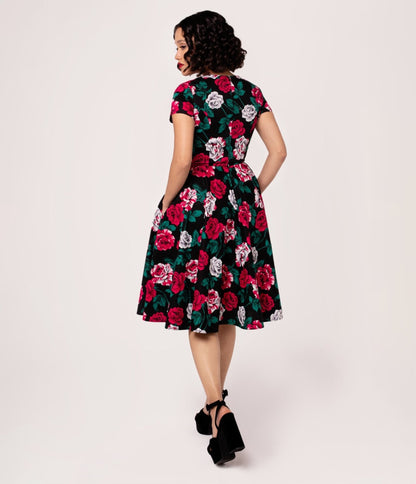 Hell Bunny Black & Painted Roses Swing Dress