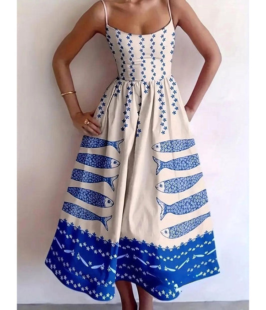 Ivory Sardine Print Spaghetti Strap Midi Dress
