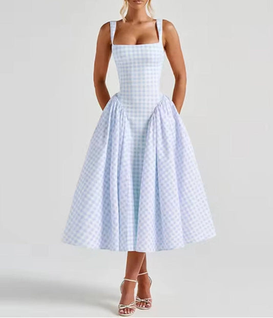 Light Blue Gingham Midi Dress