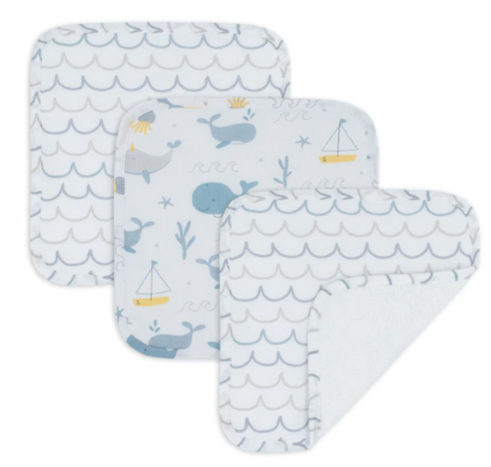 Living Textiles | 3PC Muslin Wash Cloths | Whale of a Time