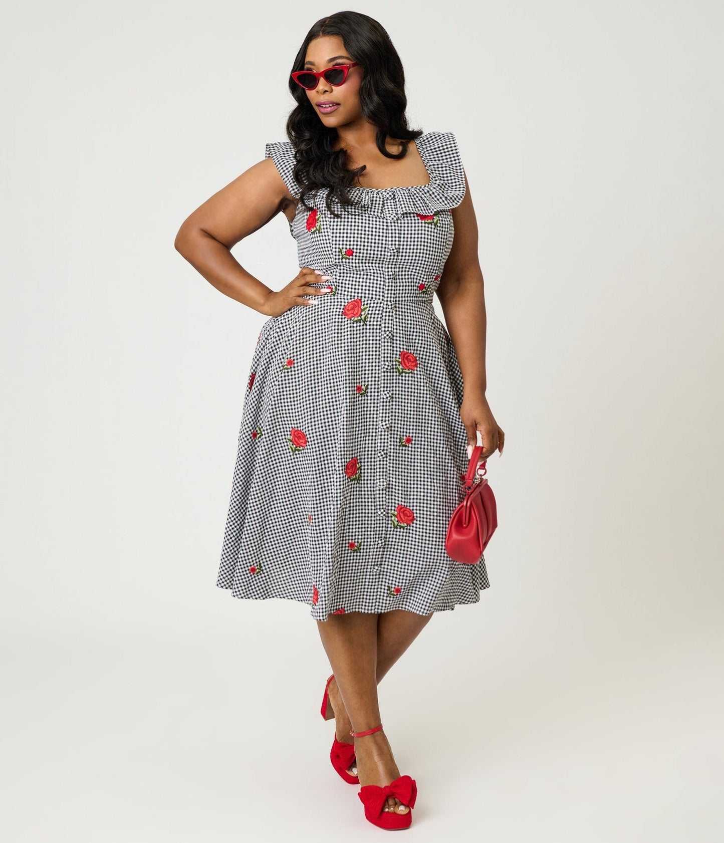 Magnolia Place Plus Size Black Gingham & Red Rose Embroidered  Barbara Swing Dress