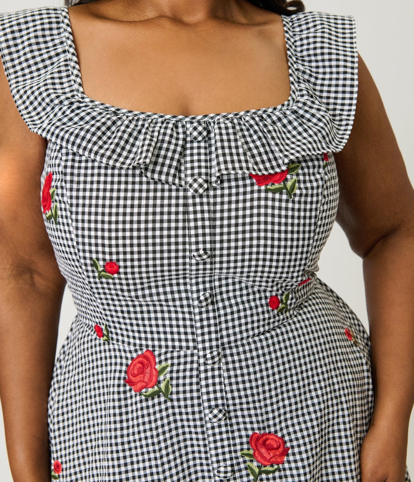 Magnolia Place Plus Size Black Gingham & Red Rose Embroidered  Barbara Swing Dress