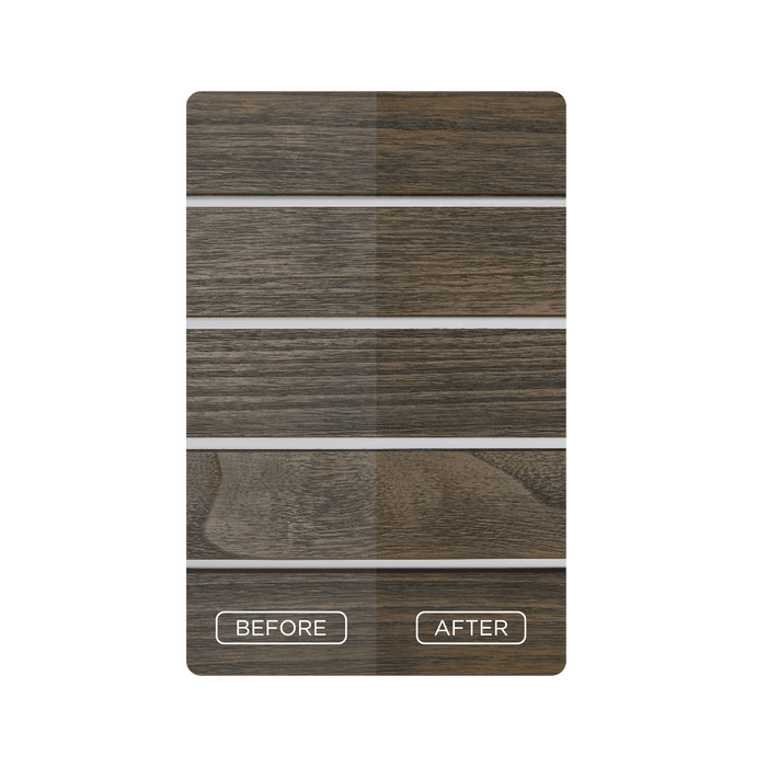 Grey-brown teak protector before and after