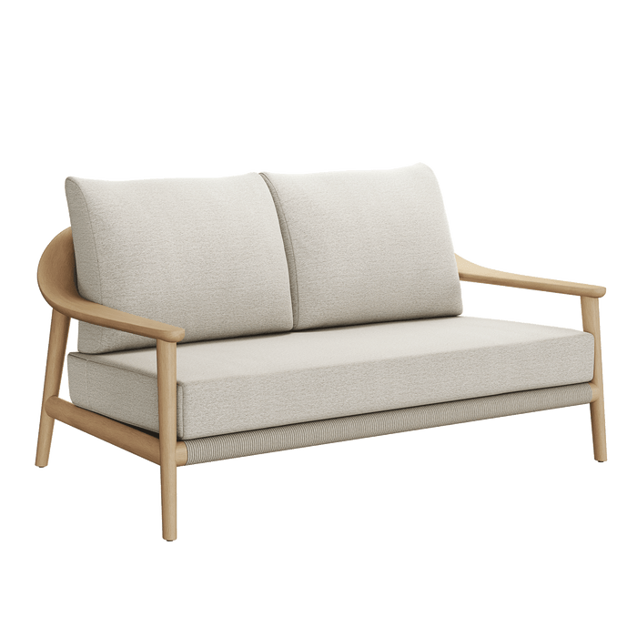 N1 luxury light teak outdoor furniture with mid century inspired rope detail garden two seater sofa