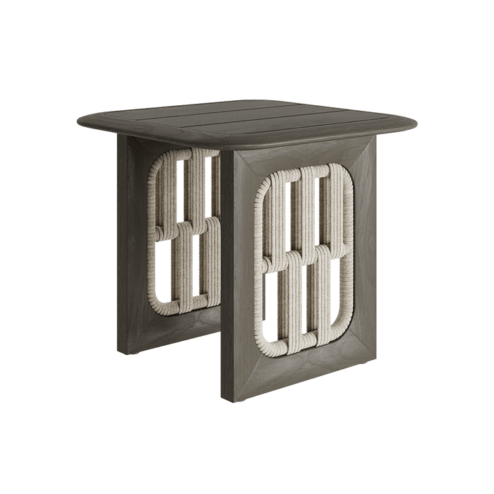 N2 side table dark teak outdoor furniture with modern rattan rope detail product image