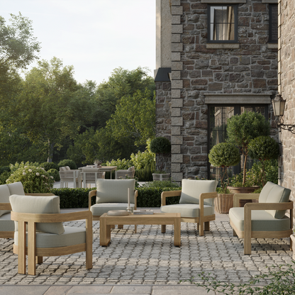 N3 luxury wood effect aluminium outdoor furniture with outdoor green pattern fabric and piping details