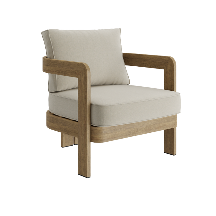 N3 luxury wood effect aluminium outdoor furniture with outdoor light fabric and piping details