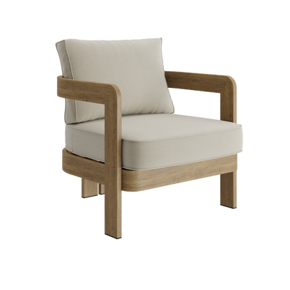 N3 luxury wood effect aluminium outdoor furniture with outdoor light fabric and piping details