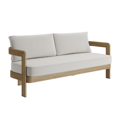 N3 luxury wood effect aluminium outdoor furniture with outdoor cream fabric and piping details