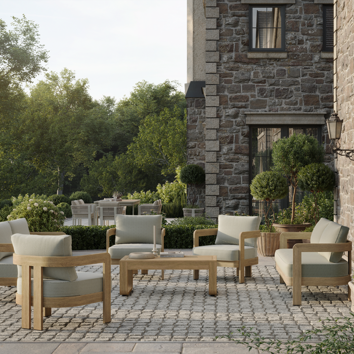 N3 luxury wood effect aluminium outdoor furniture with outdoor green pattern fabric and piping details