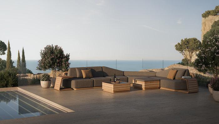 N6 dark corner sofa with coffee table and footstool