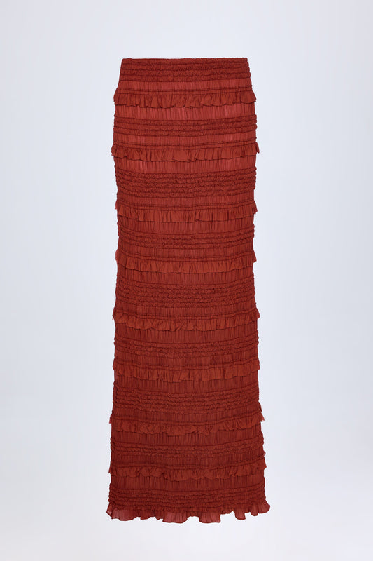 Ruffled Mid-Rise Maxi Skirt in Burnt Red