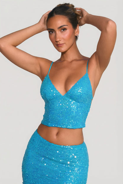 Embellished Open-Back Top in Turquoise