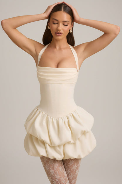 Halterneck Layered Bubble Hem Corset Mini Dress in Ivory
