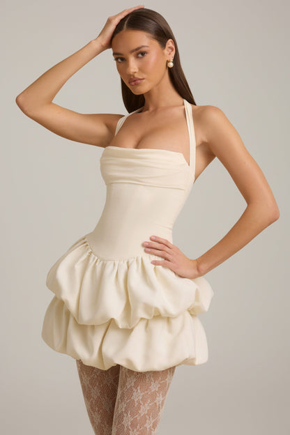 Halterneck Layered Bubble Hem Corset Mini Dress in Ivory